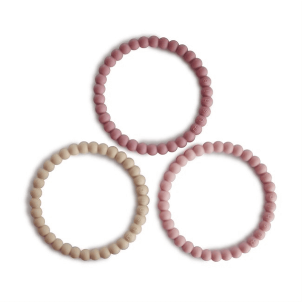 Mushie Silicone Pearl Teether Bracelets Linen/Peony/Pale Pink